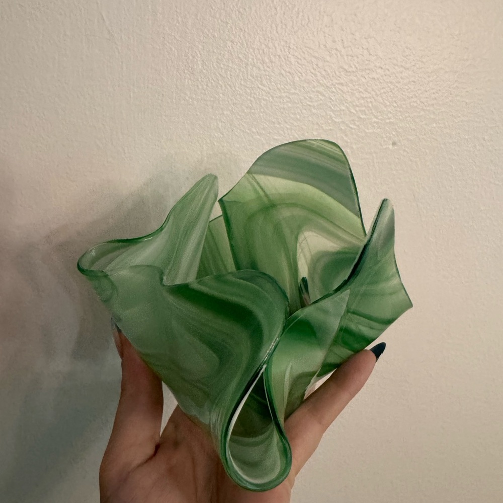 Hand Blown Green White Swirl Art Glass Ruffled Vase Bowl Freeform Studio Glass